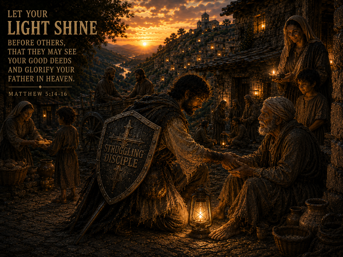 Be the Light weekly illustration with the Struggling Disciple walking toward a glowing town on a hill