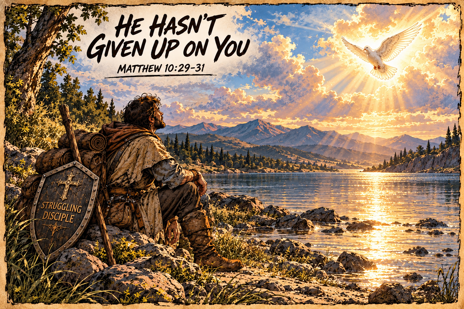 He Hasn’t Given Up on You weekly illustration with the Struggling Disciple beside a mountain lake beneath a dove, Matthew 10:29-31
